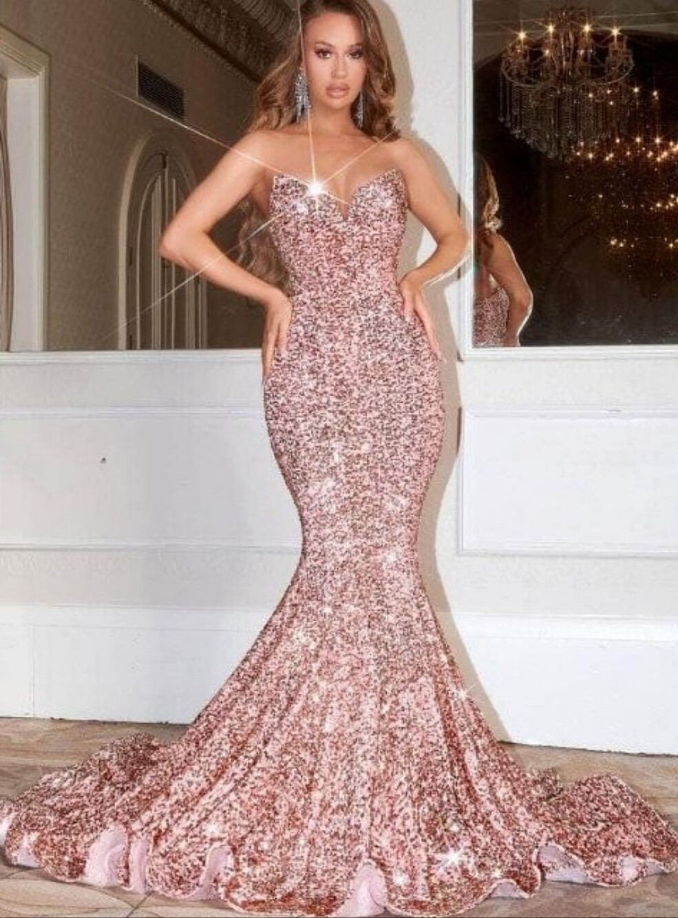 Strapless Pink Shimmer Sequins Ball Gown Mermaid Tail Dress XXS 00